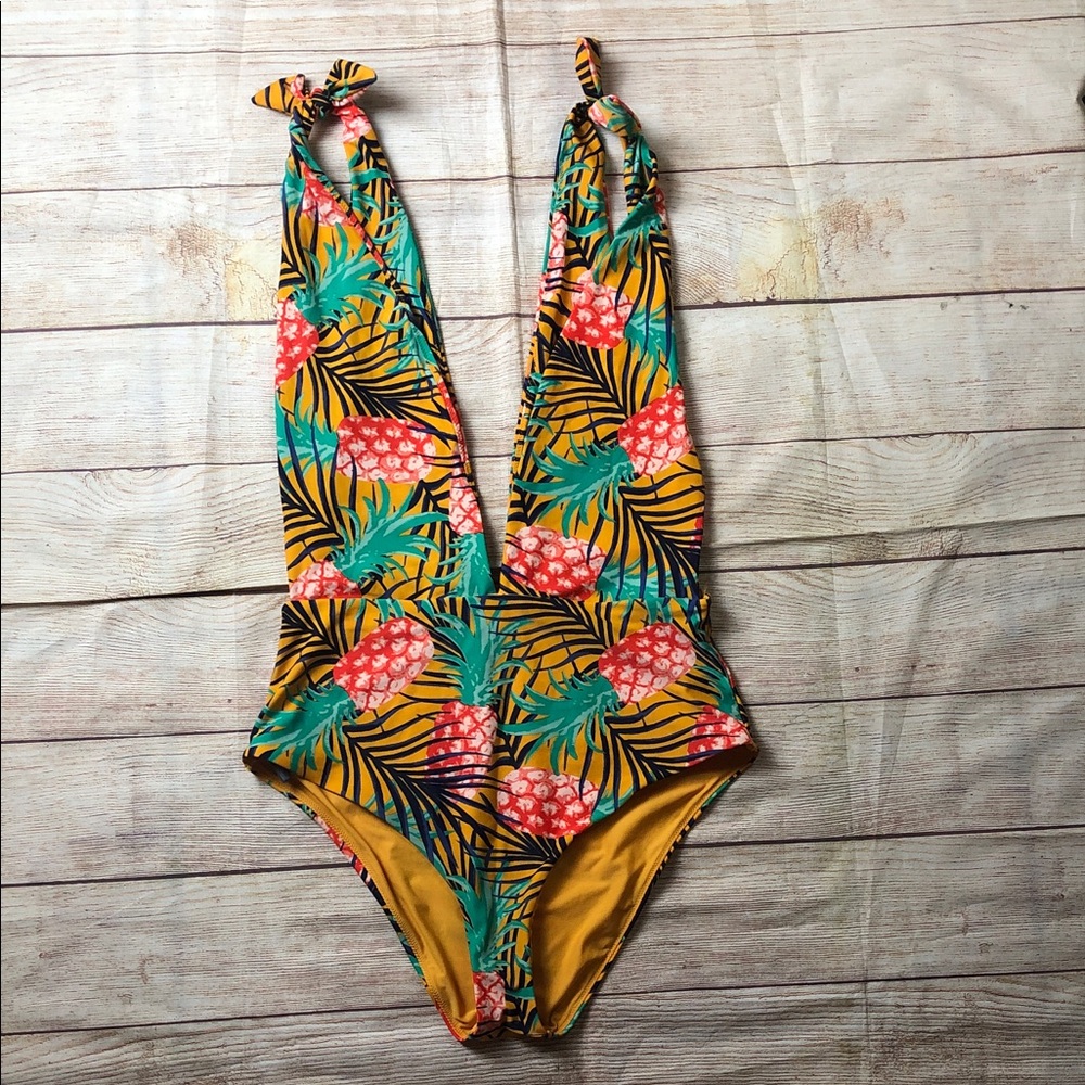 aerie Tropical Pineapple One-Piece Swimsuit in Yellow, Teal & Coral